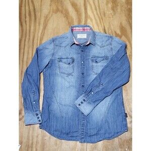 DKNY denim shirt Women M Blue Cotton Jean Button-down Collar @L8